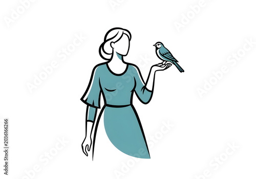 Elegant woman in a blue dress holding a small bird on her hand, minimalist illustration of nature and companionship