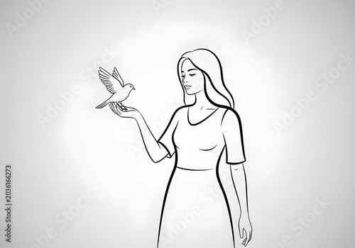 A serene woman gently holding a white dove in her hand, symbolizing peace, hope, and freedom with a minimalist artistic style
