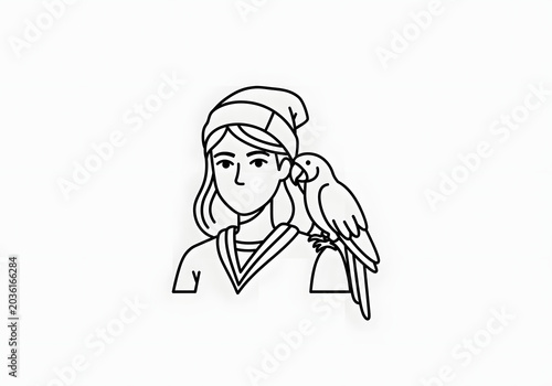 Illustration of a person with a parrot on their shoulder, featuring a clean, minimalist line art style ideal for various creative projects