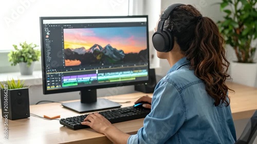 Woman wearing headphones editing video on computer with colorful sunset mountain footage on screen