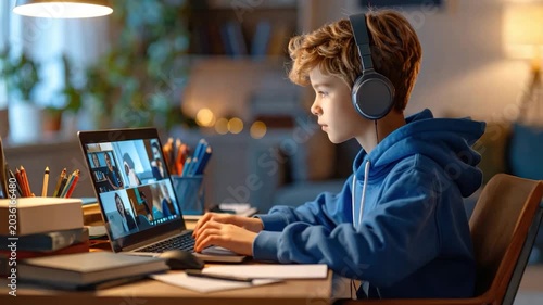 Young boy wearing headphones learning online at home via video call on laptop