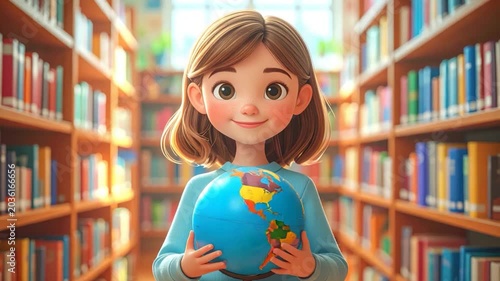 Young girl in library holding globe with eyes closed in peaceful educational moment