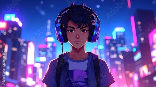 Young man wearing headphones enjoying music in a vibrant neon city at night anime style illustration