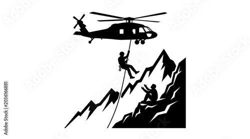Fotografie Mountain Helicopter Rescue Silhouette Vector Illustration