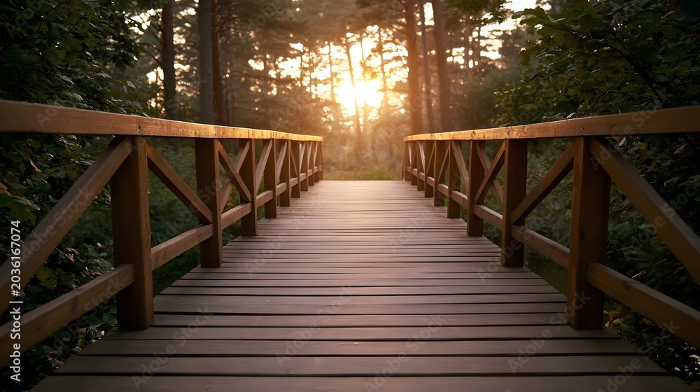 Fototapeta premium A rustic wooden bridge spans a dense forest bathed in warm golden sunset light