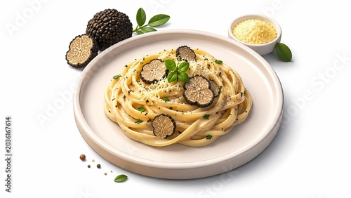Gourmet truffle pasta dish isometric 3D illustration, isolated premium food render on white background for presentation design