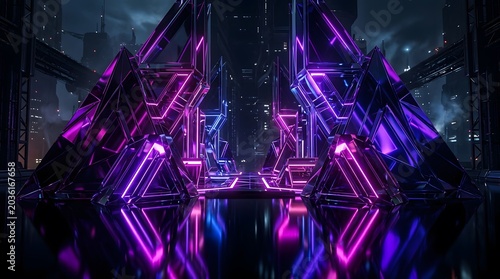 Neon Glass Cathedral, Cyberpunk Prism Hall, Violet Geometric Dreams, Futuristic Crystal Architecture, Luminous Abstract Realm.