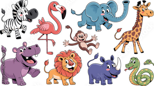 Canvas Print Vibrant cartoon illustration set featuring cute wild animals for kids education