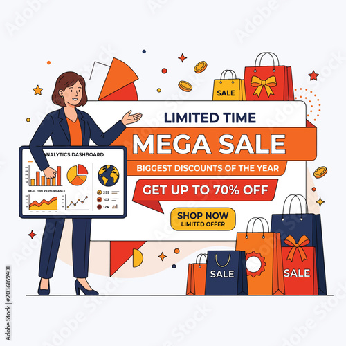 Businesswoman presenting financial charts for seasonal mega sale.