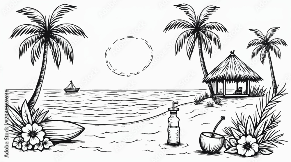 Obraz premium Palm Tree Tropical Beach Landscape with Ocean Bottle and Island Hut Line Art Illustration.