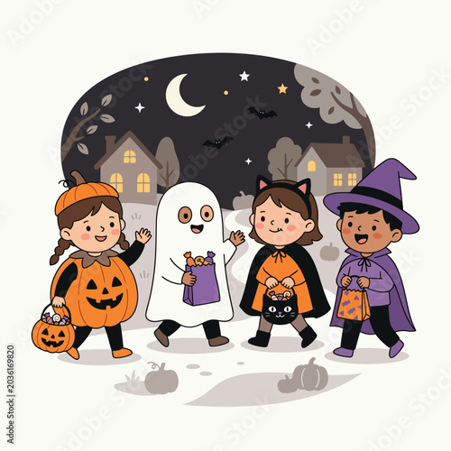 Cute children in Halloween costumes trick or treating outdoors.