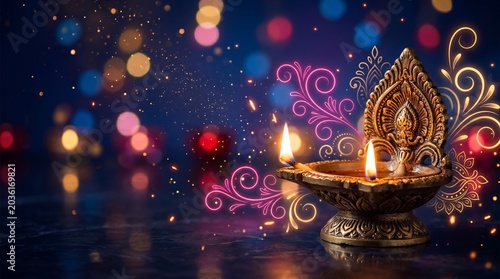 Festive lamp burns brightly on table with decorative designs and lights