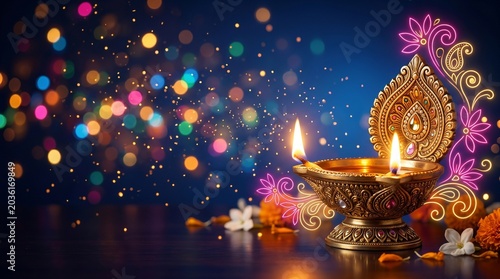 Diwali celebration with lit diya lamp surrounded by flowers and decorations