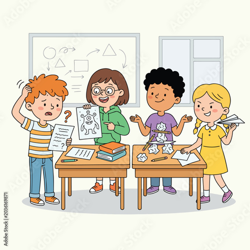 Diverse children studying and playing in a bright classroom setting.