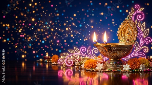 Diwali celebration with lit diya lamp and flowers on a table indoors at night