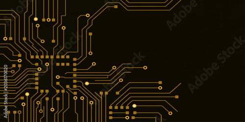 Bild auf Leinwand Gold circuit board technology background with central junction hub detail on dar