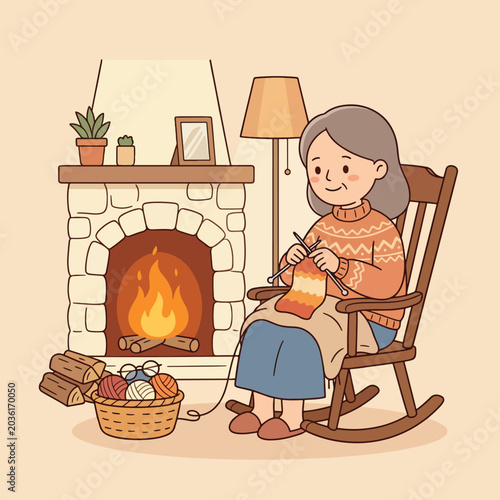 Elderly woman knitting by a cozy fireplace at home.