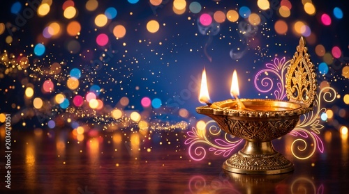 A traditional diya lamp with two lit candles sits on a wooden table surrounded by colorful lights and decorations.