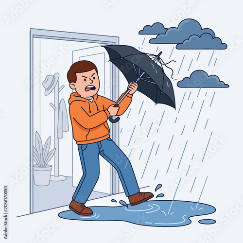 Frustrated man with broken umbrella in heavy rain storm.