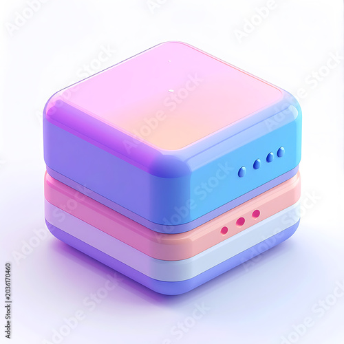 Isometric 3D rendering of a stack of two square pastel colored boxes with rounded edges, clean and modern presentation
