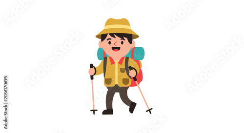 Εκτύπωση καμβά Happy Hiker with Backpack and Trekking Poles on White Background