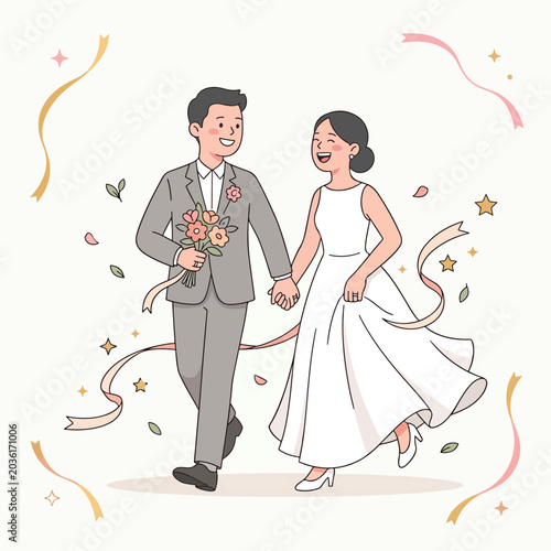 Happy newlywed couple walking together after their wedding ceremony.