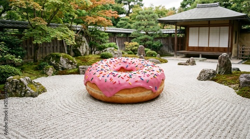 Surreal Pink Frosted Donut with Sprinkles in Japanese Zen Rock Garden