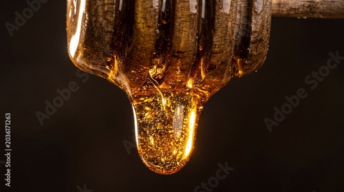 Extreme Macro Shot of Golden Amber Honey Dripping from Wooden Dipper