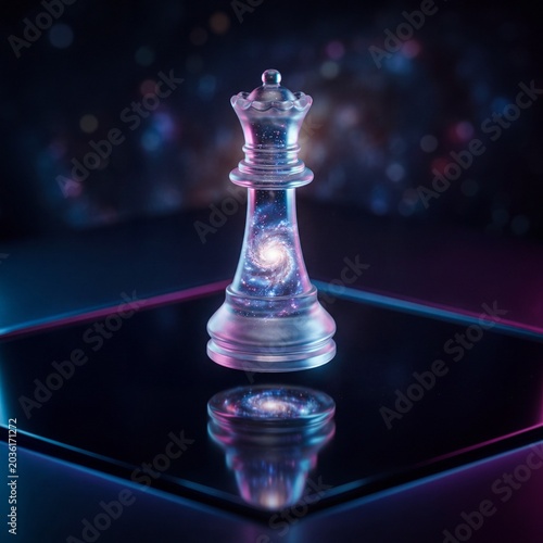 Translucent Glass Chess Queen with Swirling Galaxy Inside Levitation