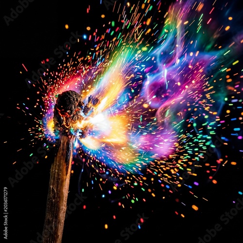 Extreme Macro Matchstick Head Igniting with Rainbow Sparks on Black Background
