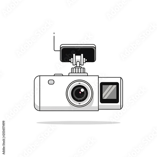 Modern digital camera with lens and accessories.