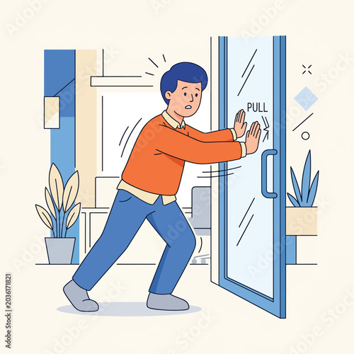Man pushing a glass door labeled with pull sign.