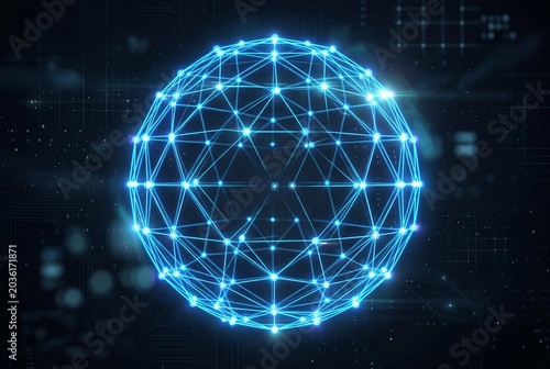 Glowing Holographic Wireframe Sphere with Pulsating Nodes in Dark Void