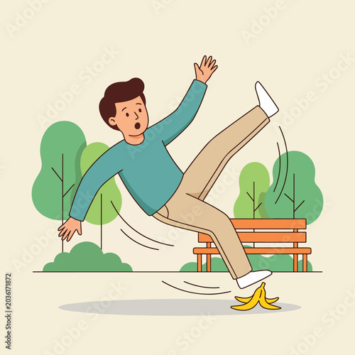 Man slipping and falling on banana peel.