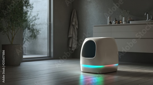 Modern automatic self-cleaning litter box with LED lights in a stylish bathroom setting.