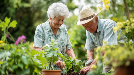 Elderly couple gardening together, planting flowers or relaxing in a beautiful garden with lush greenery. Tranquil, peaceful, and warm outdoor setting