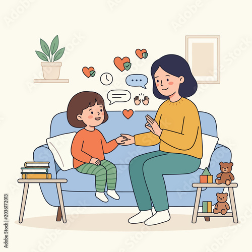 Mother and young daughter communicating warmly on a sofa.