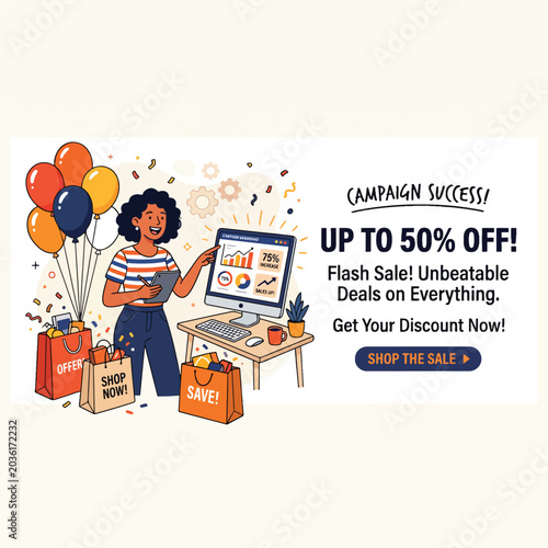 Woman presenting successful marketing campaign data with sales banner.