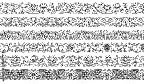 Photos Seamless Blue White Porcelain Border with Japanese and Chinese Ornament Vector D
