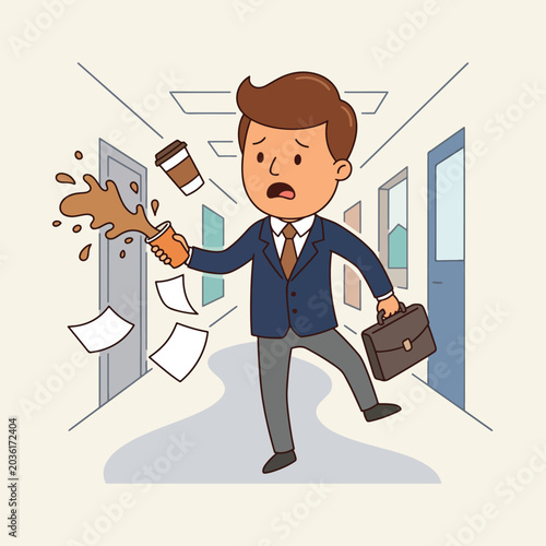 Stressed businessman spilling coffee while rushing in office hallway.