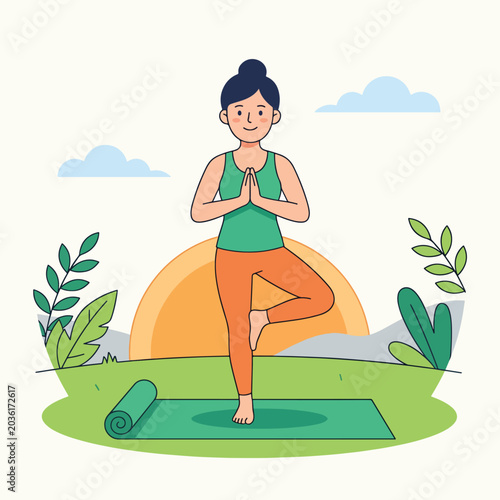 Woman practicing tree pose yoga outdoors in nature park.