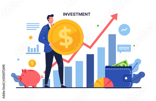 Businessman standing with large dollar coin and piggy bank for investment and finance concept
