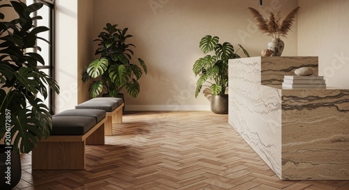 Modern Interior Design with Herringbone Wood Floor, Lush Plants, and Marble Countertop