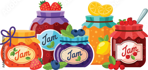 Colorful assortment of jam jars with fruits
