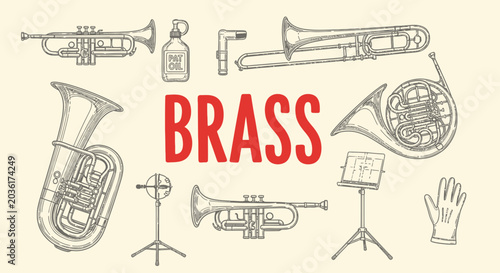 Obraz na płótnie Brass musical instruments collection drawing.