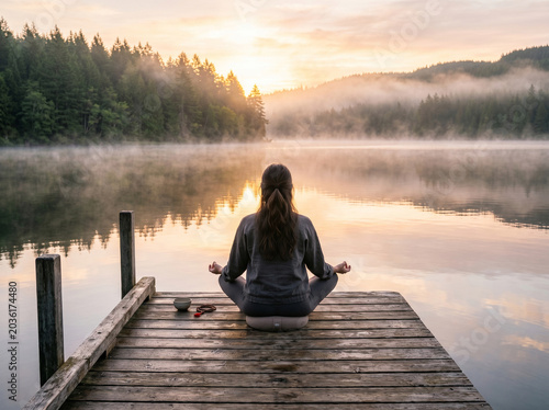 Mindful Meditation Person on Dock Misty Lake Sunrise Back View