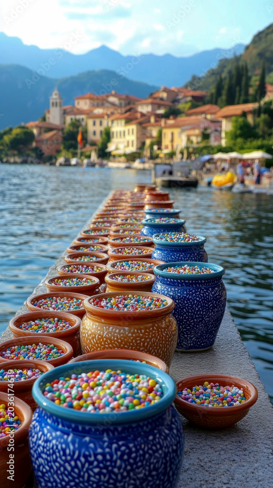 Obraz premium Scenic view of numerous colorful ceramic pots filled with vibrant sprinkles lining lake pier in front of picturesque Italian village landscape with mountains in background
