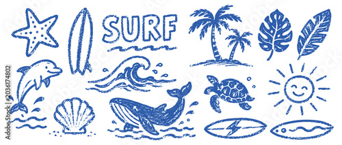 Photography Collection of hand drawn beach, summer, and surfing elements including surfboard, palm trees, dolphin, whale, turtle, sun, and tropical leaves