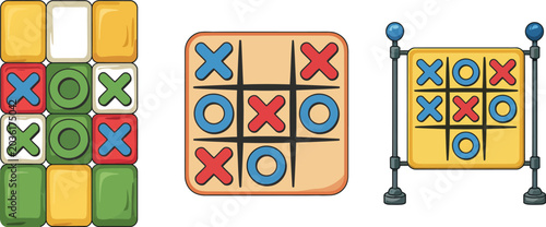 Colorful tic tac toe game pieces and blocks