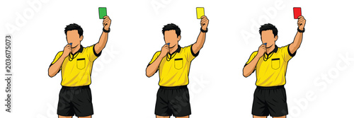 Slika na platnu Illustration of soccer referees in yellow shirts and black shorts holding up green, yellow, and red cards, isolated on a white background